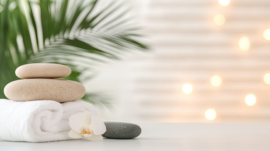Tall palm leaves, orchid flowers, and a white towel with massage stones on a table in a spa salon.